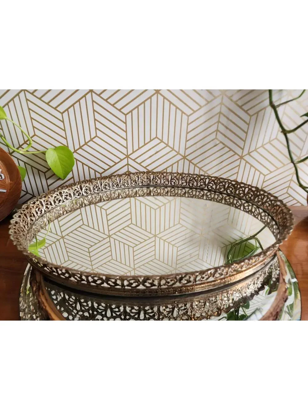 Large Hollywood Regency Style Brass Filigree & Glass Mirror Oval Vanity Tray